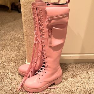Bubble Gum Pink Sugar Thrills Dolls Kill knee high lace up boots, worn twice